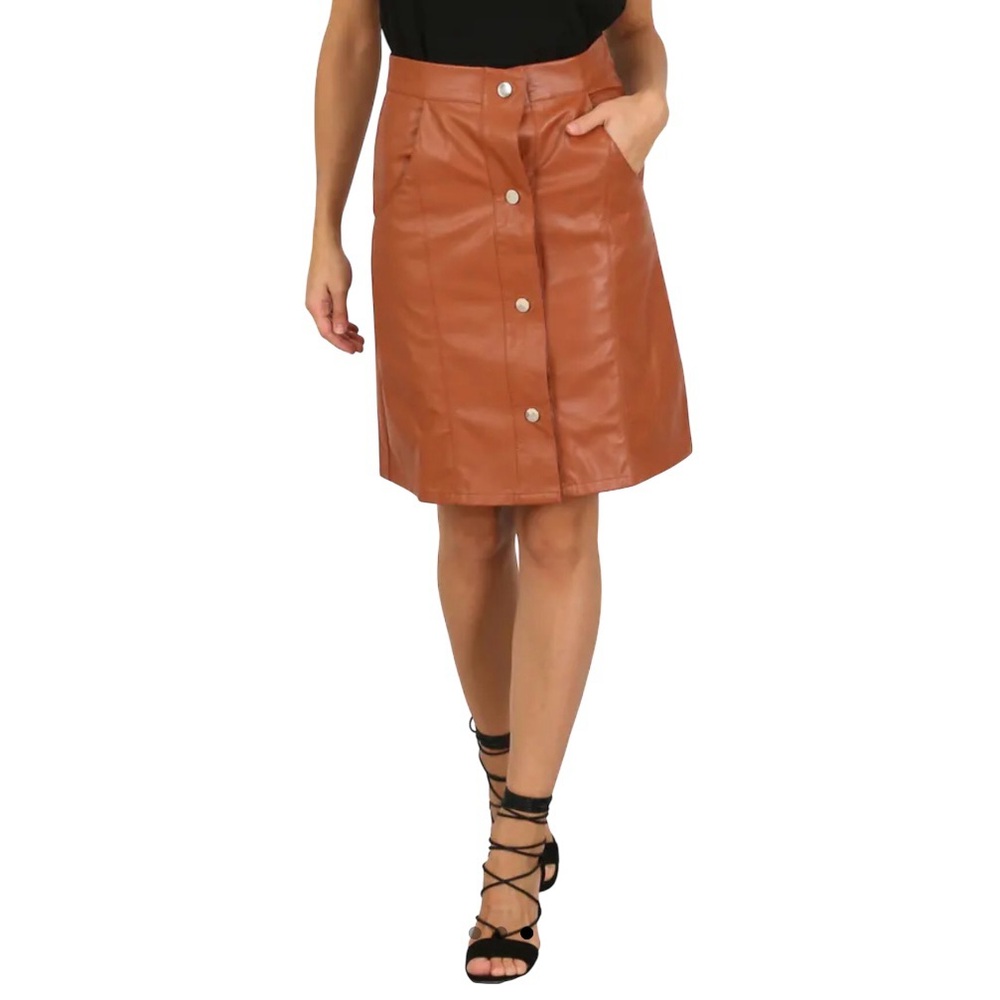 Tan Leather Like Skirt Snap Closure Office Siren Coquette Girl CUTIE‎ London NWT